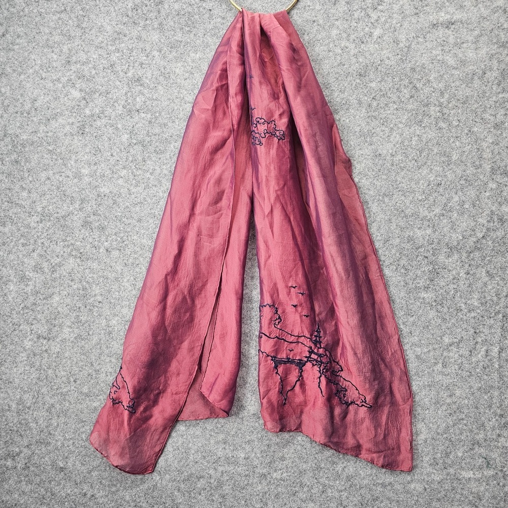 Womens Scarf Dupatta Pink Dusky Long Silk Wrap Landscape Art Emroidered 19x58
